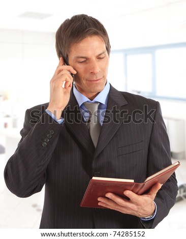 Businessman talking on a mobile phone while reading his agenda in an office environment