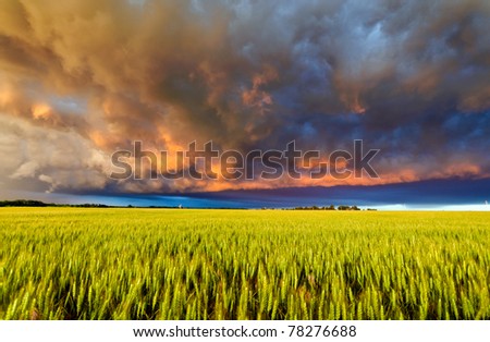 Dramatic cloudy sunset over a meadow in USA plains
