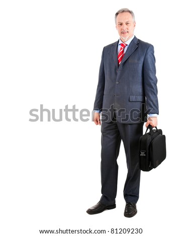 Elder businessman full length isolated on white holding a briefcase
