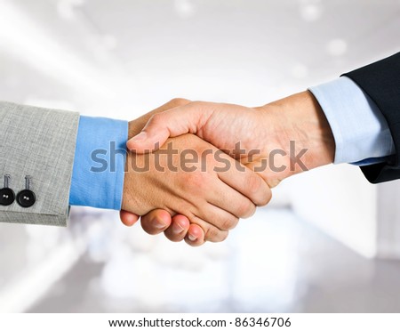 Business people shaking hands. Bright blurred background.
