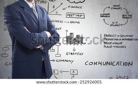Businessman in front of business related diagrams and charts