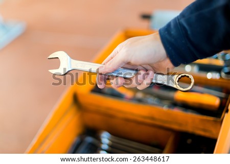 Mechanic hand holding a wrench