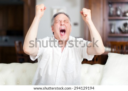 Happy mature man with raised arms watching tv on the sofa