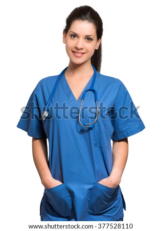 Portrait of a beautiful smiling nurse. Isolated on white