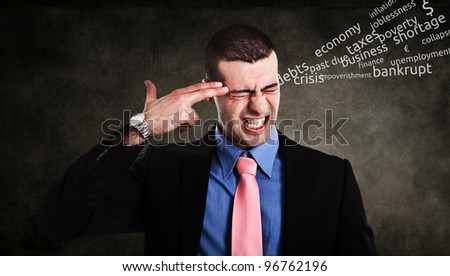 Conceptual image of a businessman shooting himself for business problems