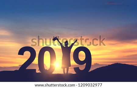 Silhouette Young woman Graduation in 2019 years, Concept education congratulation, copy space.