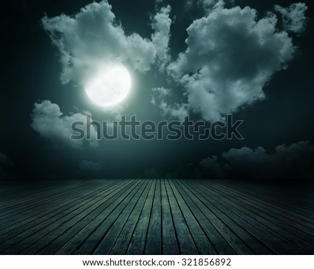 Dark style, wood floor with sky and moon background