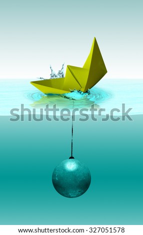 Crisis concept, sinking paper ship with wrecking ball