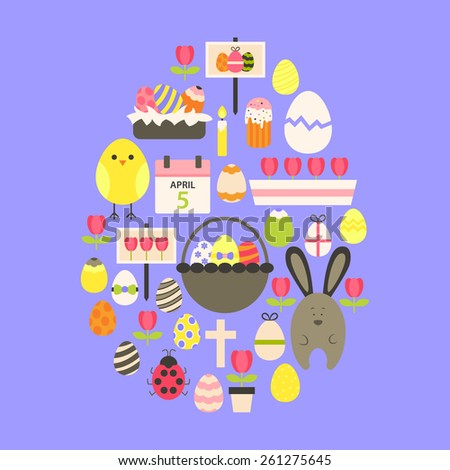 Easter Flat Icons Set Egg shaped over purple. Flat stylized holiday icons set Egg shaped