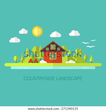 Countryside Landscape with Trees and Lake. Vector Illustration of Flat Nature Landscape