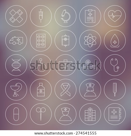 Medical Circle Health Care Icons Set. Vector Set of Medical Modern Thin Line Icons for Web and Mobile Circle Shaped over Blurred Background