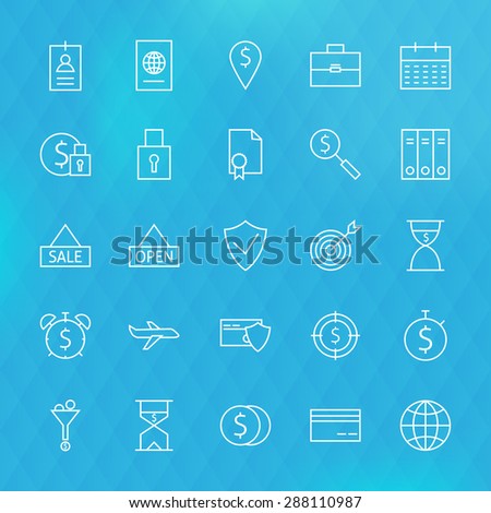 Banking Finance Business Money. Vector Set of Line Art Modern Icons for Web and Mobile. Commerce and Shopping. Money and Finance Items. Business and Office Objects. Blurred Polygonal Background.