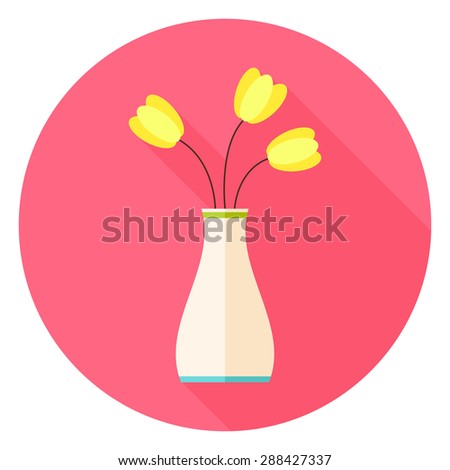 Flat Vase with Three Tulip Flowers Circle Icon with Long Shadow. Yellow Spring Flower. Nature. Organic. Beauty Flowers in the Pot. Room Decor Interior. Floral Decor.
