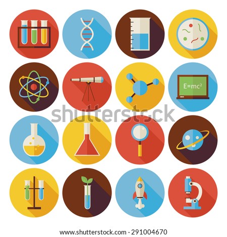 Flat Science and Education Circle Icons Set with long Shadow. Flat Style Vector Illustrations. Back to School. Collection of Chemistry Biology Physics Astronomy and Research Circle Icons