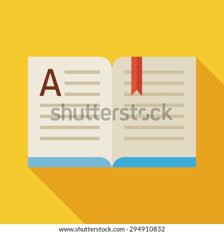 Flat Design Open Book Story Reading Object. Back to School and Education Vector illustration. Flat Style Colorful Book with Bookmark with long Shadow. Grammar literature