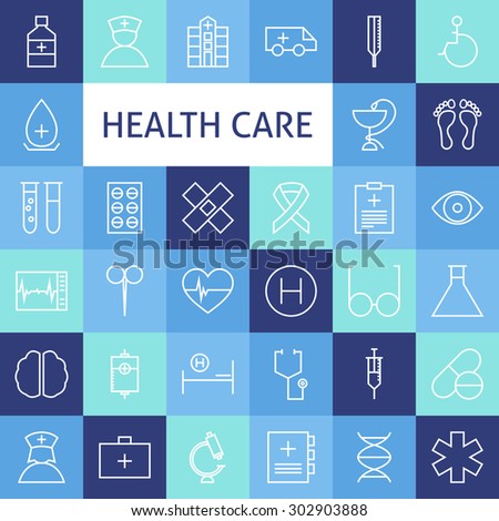 Vector Flat Line Art Modern Healthcare and Medicine Icons Set. Medical and Health Care Icons Set over Colorful Tile. Vector Set of 36 Healthy Lifestyle Modern Line Icons for Web and Mobile