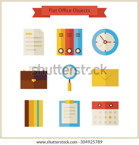 Flat Business Office Objects Set. Vector Illustration. Collection of Office Tools Objects Isolated over white. Workplace. Business Concept