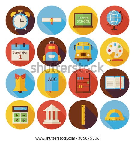 Flat Back to School Circle Icons Set with long Shadow. Flat Styled Illustrations. Back to School. Science and Education Set. Collection of Circle Icons