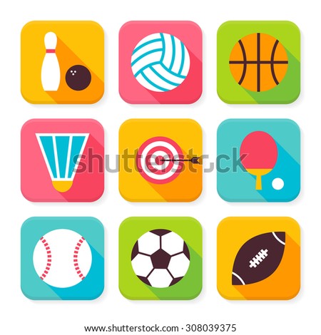 Flat Sport and Recreation Squared App Icons Set. Flat Style Vector Illustration. Team Games and Sport Activities Set. Collection of Square Rectangular Shape Application Colorful Icons with Long Shadow