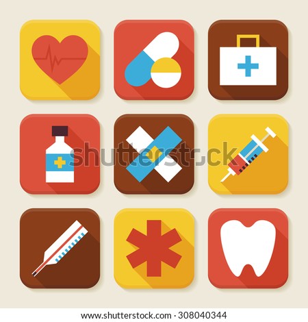 Flat Health and Medicine Squared App Icons Set. Flat Style Vector Illustration. Medical and Health Care Set. Collection of Square Rectangular Shape Application Colorful Icons with Long Shadow