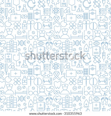 Thin Medical Line Health Care White Seamless Pattern. Vector Medicine Design and Seamless Background in Trendy Modern Line Style. Thin Outline Art