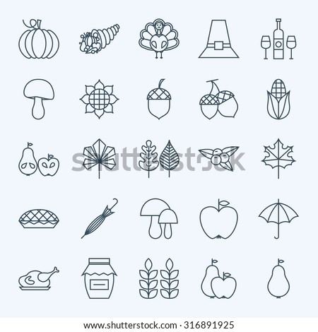 Line Holiday Thanksgiving Day Icons Set. Vector Set of 25 Autumn Seasonal Holiday Modern Line Icons for Web and Mobile. Thanksgiving Dinner Food Icons Collection