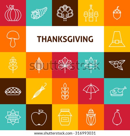 Line Art Thanksgiving Day Holiday Icons Set. Vector Collection of 25 Modern Line Icons for Web and Mobile. Thanksgiving Dinner Traditional Bundle