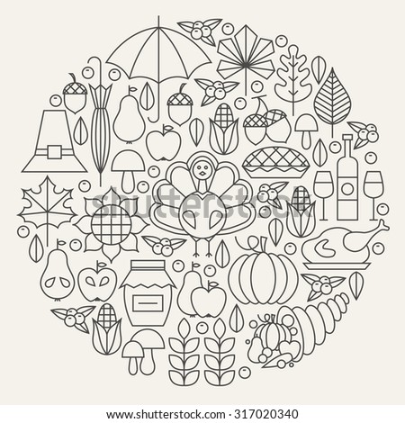 Thanksgiving Day Holiday Line Icons Set Circle Concept. Vector Illustration of Thanksgiving Dinner Autumn Objects. Traditional National Food Items.