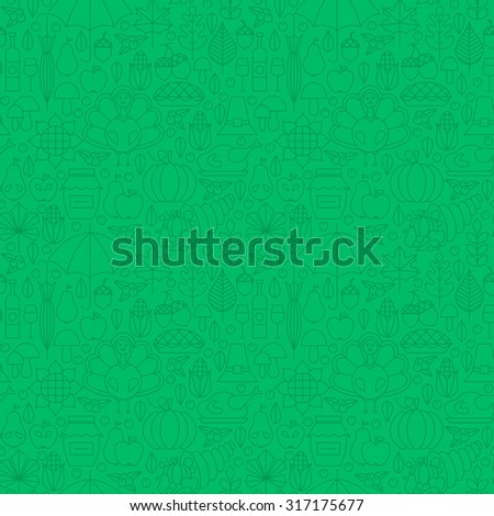 Thin Line Holiday Thanksgiving Dinner Seamless Green Pattern. Vector Autumn Thanksgiving Day Design and Seamless Background in Trendy Modern Line Style. Outline Art. Traditional National Celebration