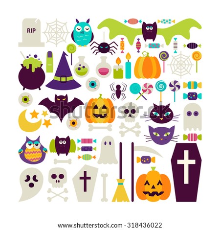 Flat Style Vector Set of Halloween Holidays Objects Isolated over White. Set of Scary October Autumn Halloween Holiday Colorful Objects. Bundle of Tricks and Treats Items. Design Elements