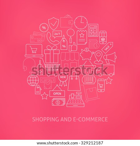 Thin Line E-commerce Business Money Icons Set Circle Shaped Concept. Vector Illustration of Online Shopping and Finance Objects over Blurred Pink Background.
