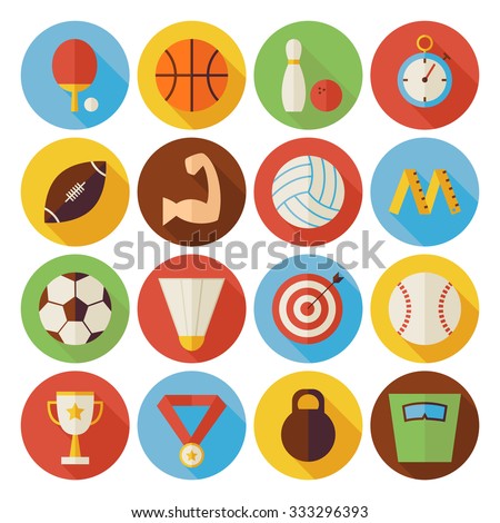 Flat Sport Recreation and Competition Circle Icons Set with long Shadow. Collection of Healthy lifestyle Fitness Dieting Objects. Sport Activities Competition and Team Sport Games