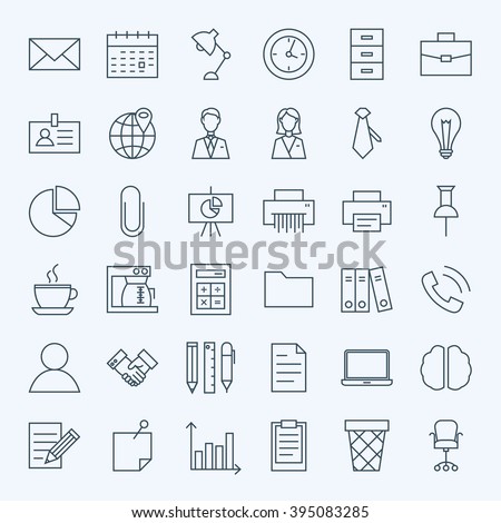 Line Business Office Icons Set. Vector Set of Modern Thin Outline Working Place and Job Items.