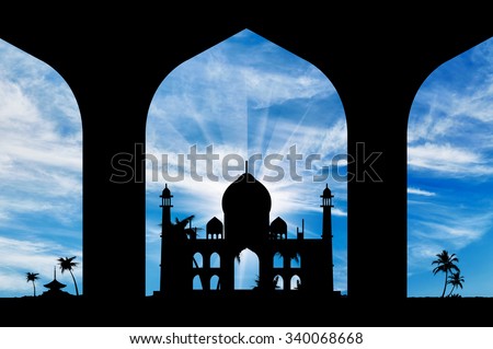 Silhouette of an Islamic prayer hall-house in the beautiful sky