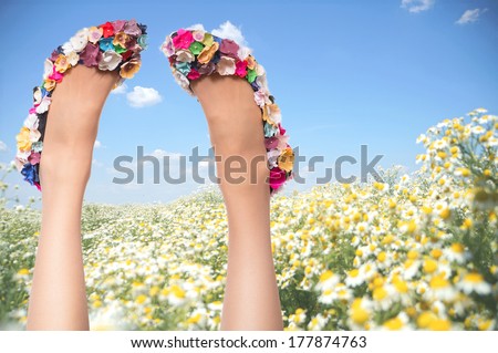 Sexy woman legs in funny shoes on blue sky and flower field background. Summer vacation concept