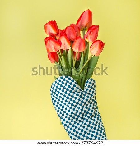 Spring flowers. March 8th, mother\'s day, valentine\'s day, International Women\'s Day, congratulate. focus on glove and flowers