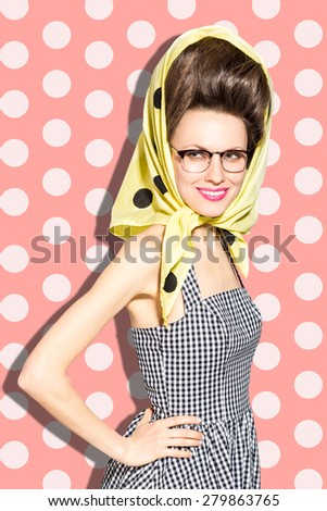 Glamorous lady in retro dress over pink polka dots background