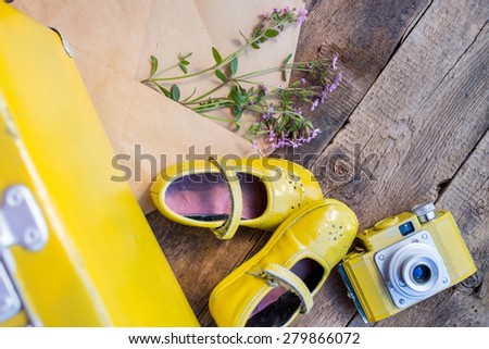 Romantic background with vintage things: camera, suitcase, old baby shoes, envelop with wild flowers over grunge brown background