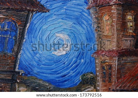 Art canvas with moon on the night sky in medieval old town. Artistic elements painted with palette knife.