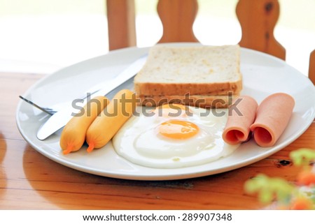 fried eggs, bread and sausage in breakfast set