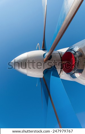 Airplane turbine blades close-up abstract texture. background - blue sky