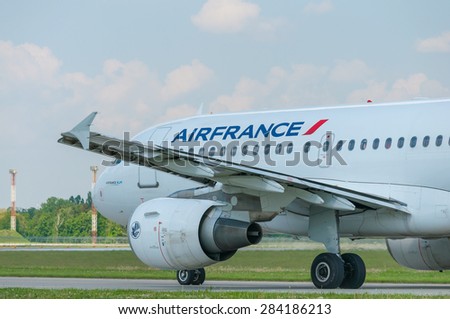 KIEV, UKRAINE - MAY 20, 2015:  Air France Airbus A319 taxiing to take-off from KBP on May  20, 2015, Kiev, Ukraine. Air France is one of the leading flying companies.