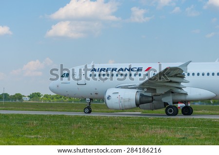 KIEV, UKRAINE - MAY 20, 2015:  Air France Airbus A319 taxiing to take-off from KBP on May  20, 2015, Kiev, Ukraine. Air France is one of the leading flying companies.
