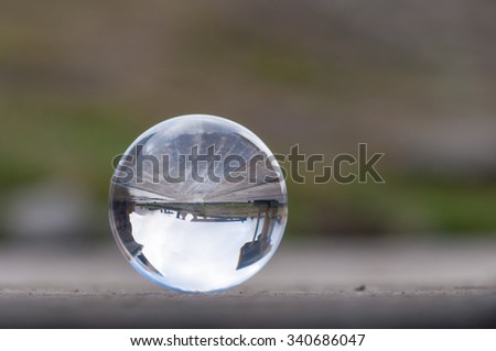 Glass transparent crystal ball on dark green background and wooden surface. Soft focus. With empty space for text