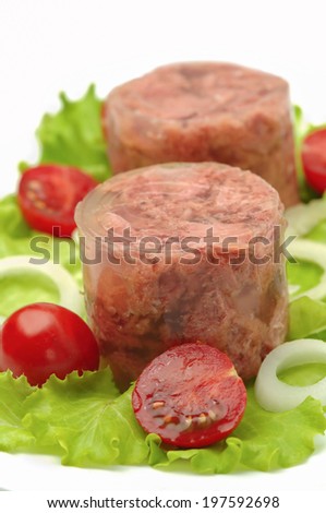 Canned meat with salad on white background