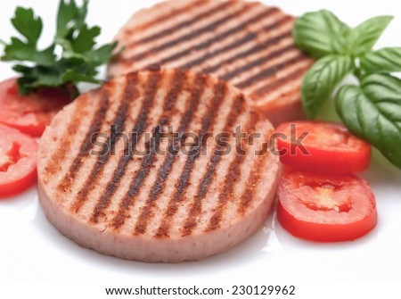 Ham Burgers with tomatoes on white background