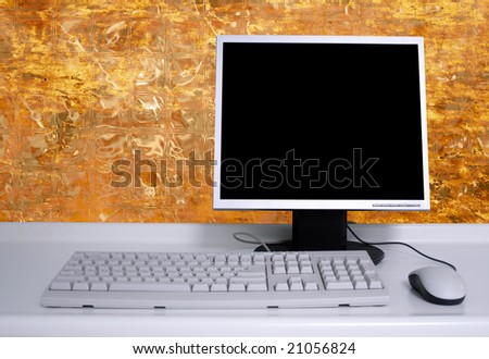 PC with black desktop  grunge old wall background