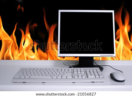 PC with black desktop and fire flames background