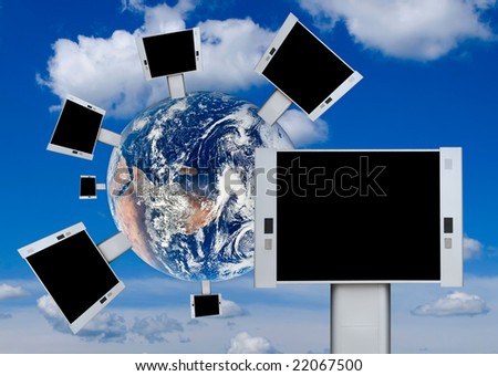 Blank billboards on the earth with blue sky background.