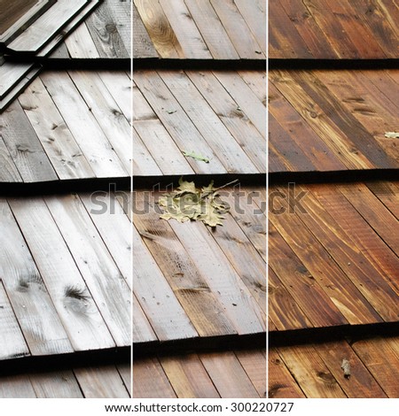 Wood roof with oak leaf before and after applying polarization effect on a circular polarizer (CPL) filter. How to use CPL filter and filter advertising concepts images